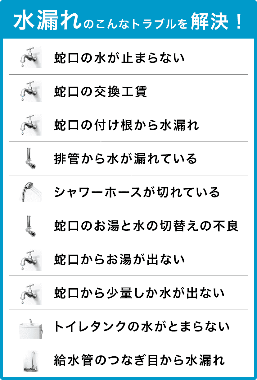 蛇口の水が止まらない・蛇口の交換・蛇口の付け根から水漏れ・配管から水が漏れている・シャワーホースが切れている・蛇口のお湯と水の切り替えの不良・蛇口からお湯が出ない・蛇口から少量しか水が出ない・トイレタンクの水が止まらない・給水管のつなぎ目から水漏れ 高石市